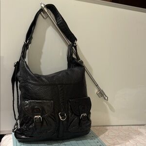 Ampere Large Black Chic Convertible Crossbody Backpack Bag with Buckle Accents